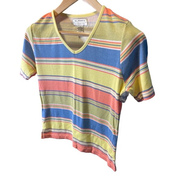 All Points Reference Point Multicolor Striped Short Sleeve V Neck Top SZ Medium - Picture 3 of 6